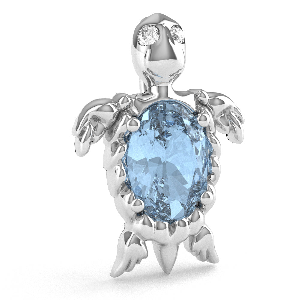 Aquamarine Diamond  Sea Turtle Pendant In 14k White Gold