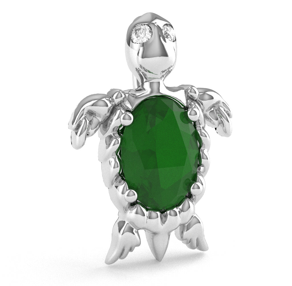 Emerald Diamond  Sea Turtle Pendant In 10k White Gold