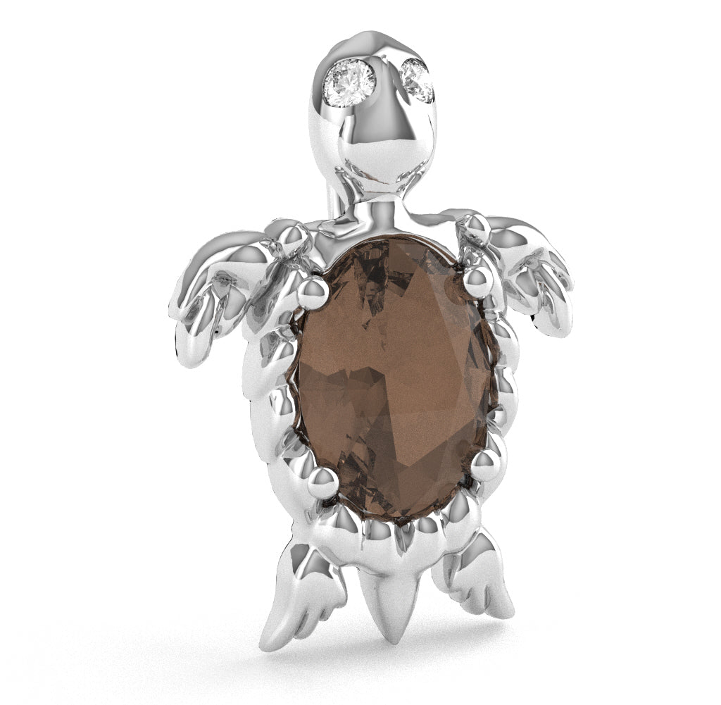 Smoky Quartz Diamond  Sea Turtle Pendant In 10k White Gold