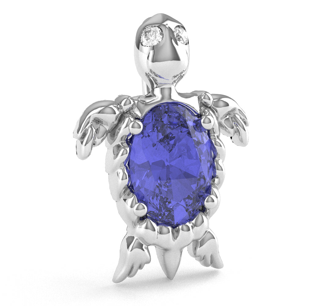 Tanzanite Diamond  Sea Turtle Pendant In 10k White Gold