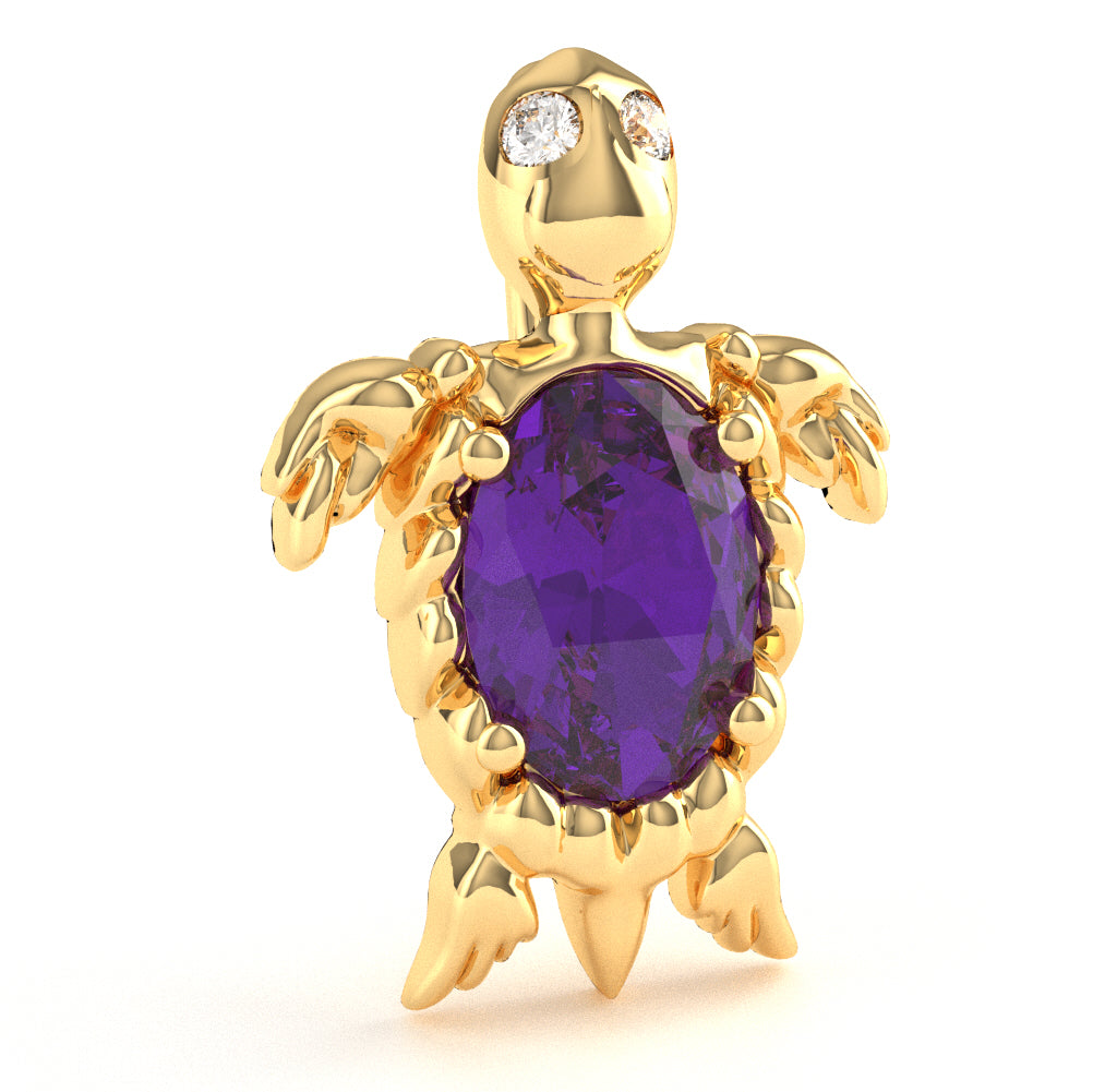 Amethyst Diamond  Sea Turtle Pendant In 14k Yellow Gold