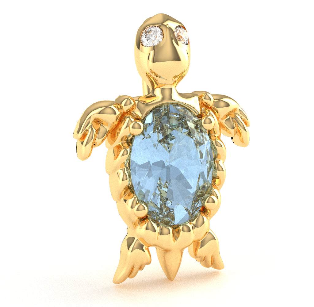Aquamarine Diamond  Sea Turtle Pendant In 10k Yellow Gold