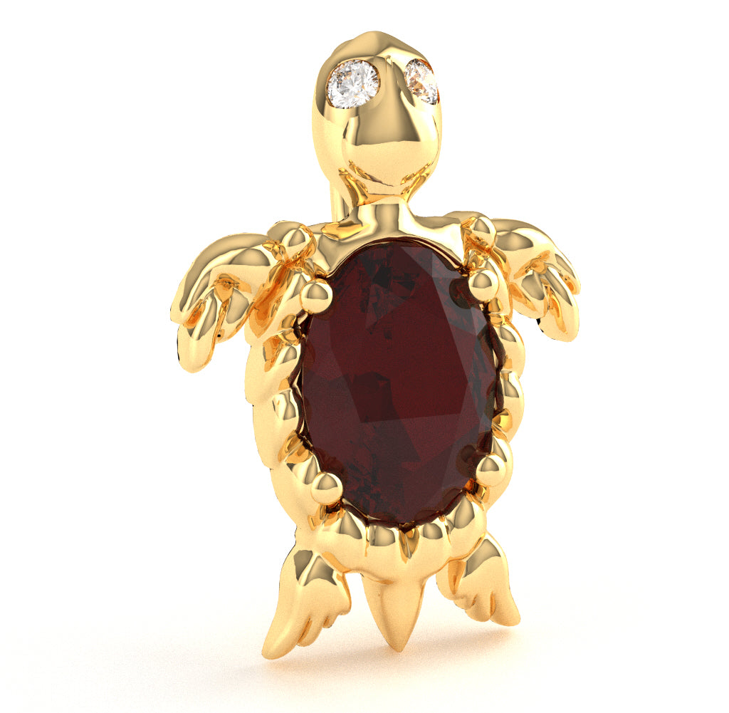 Garnet Diamond  Sea Turtle Pendant In 14k Yellow Gold