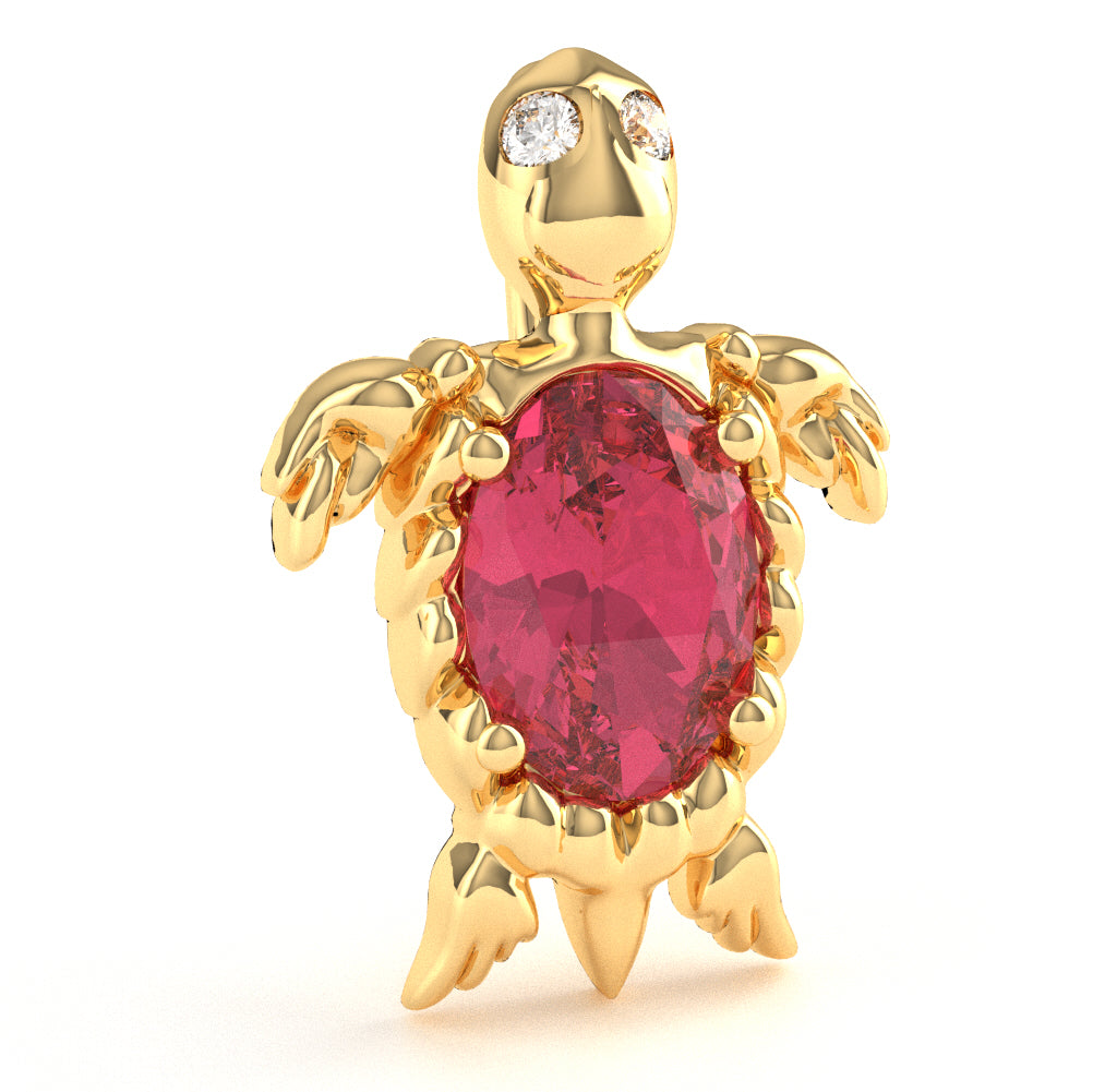 Pink Tourmaline Diamond  Sea Turtle Pendant In 14k Yellow Gold