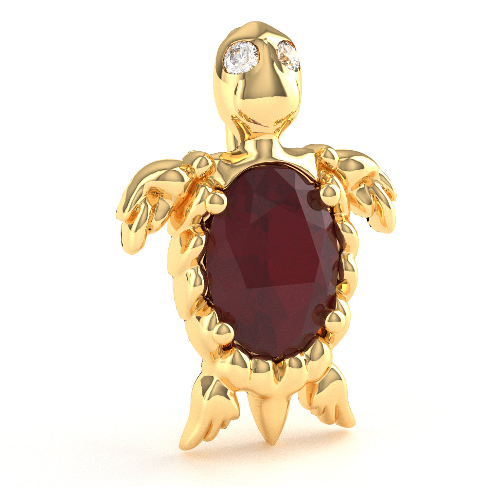 Ruby Diamond  Sea Turtle Pendant In 14k Yellow Gold