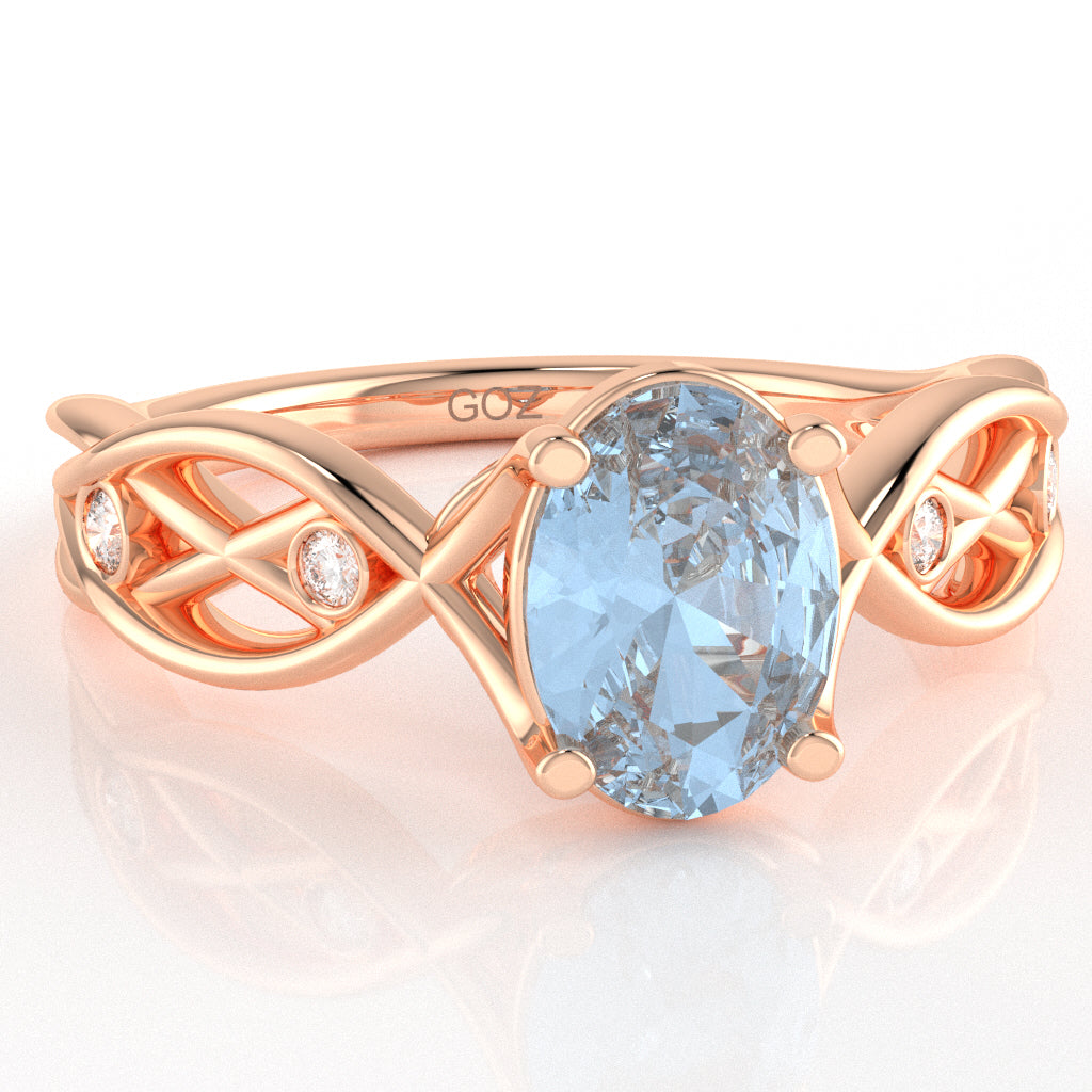 Aquamarine Diamond Celtic Knot Curles Ring In 14k Rose Gold