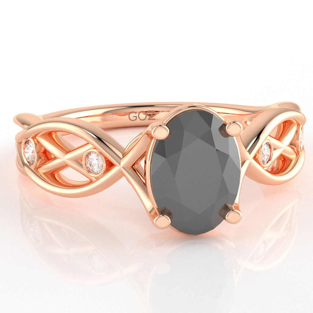Black Onyx Diamond Celtic Knot Curles Ring In 10k Rose Gold