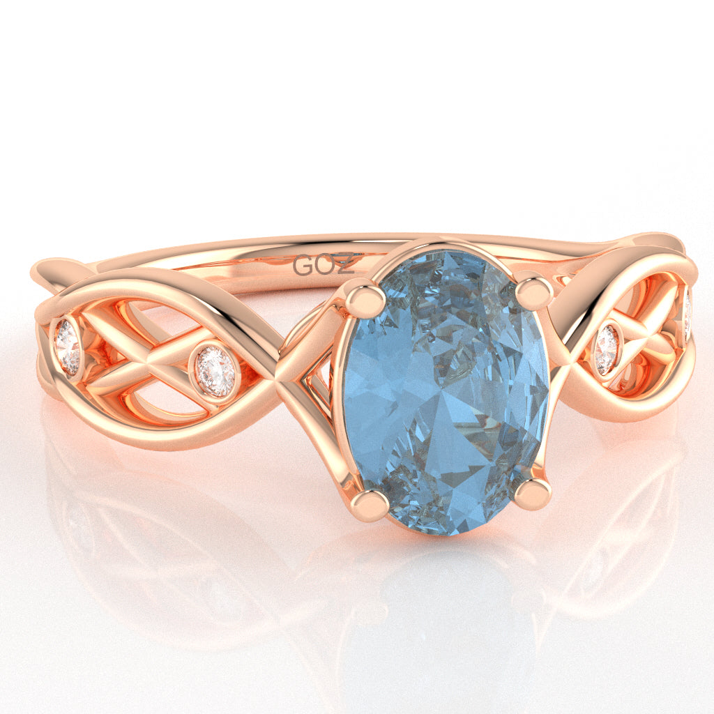 Blue Topaz Diamond Celtic Knot Curles Ring In 14k Rose Gold