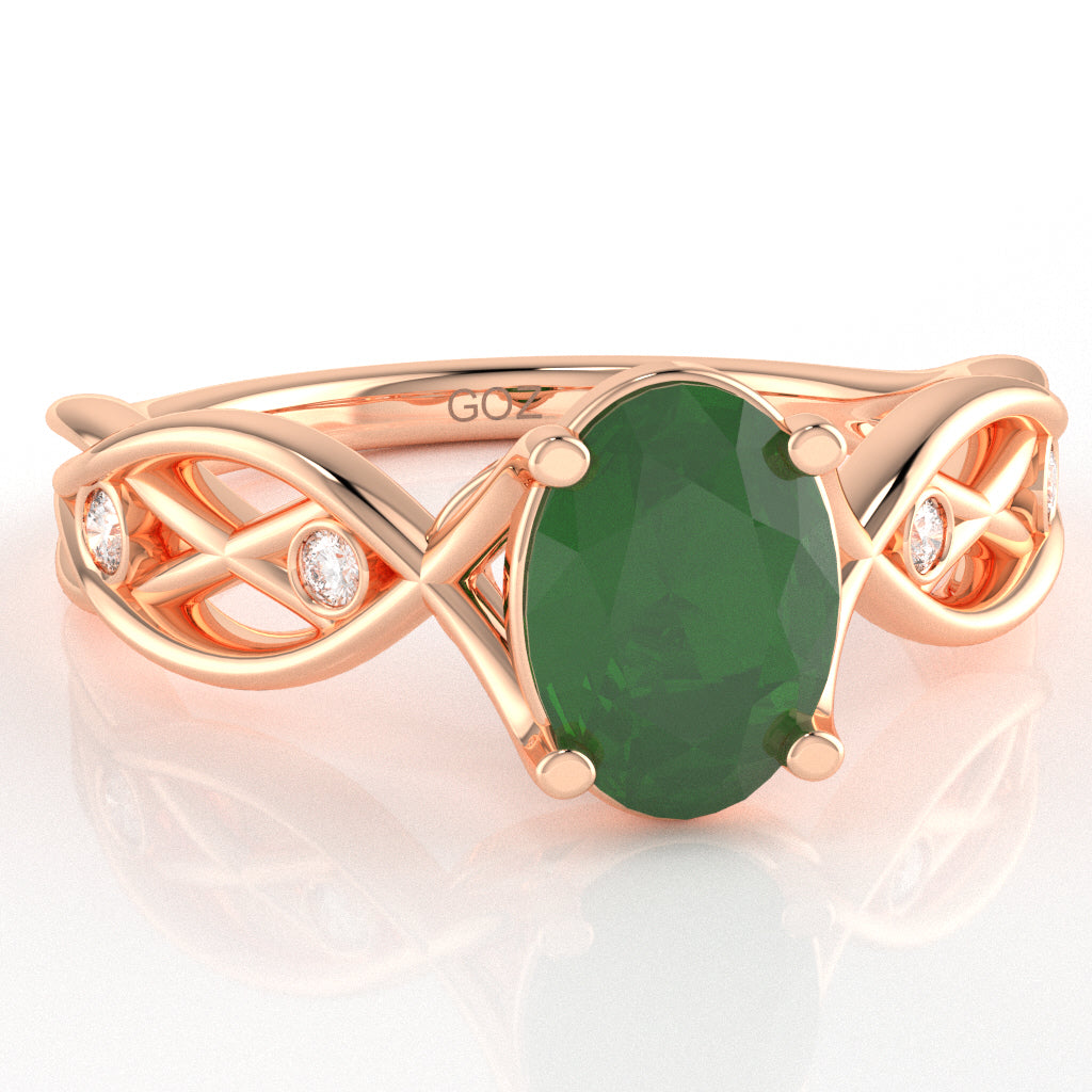 Emerald Diamond Celtic Knot Curles Ring In 14k Rose Gold