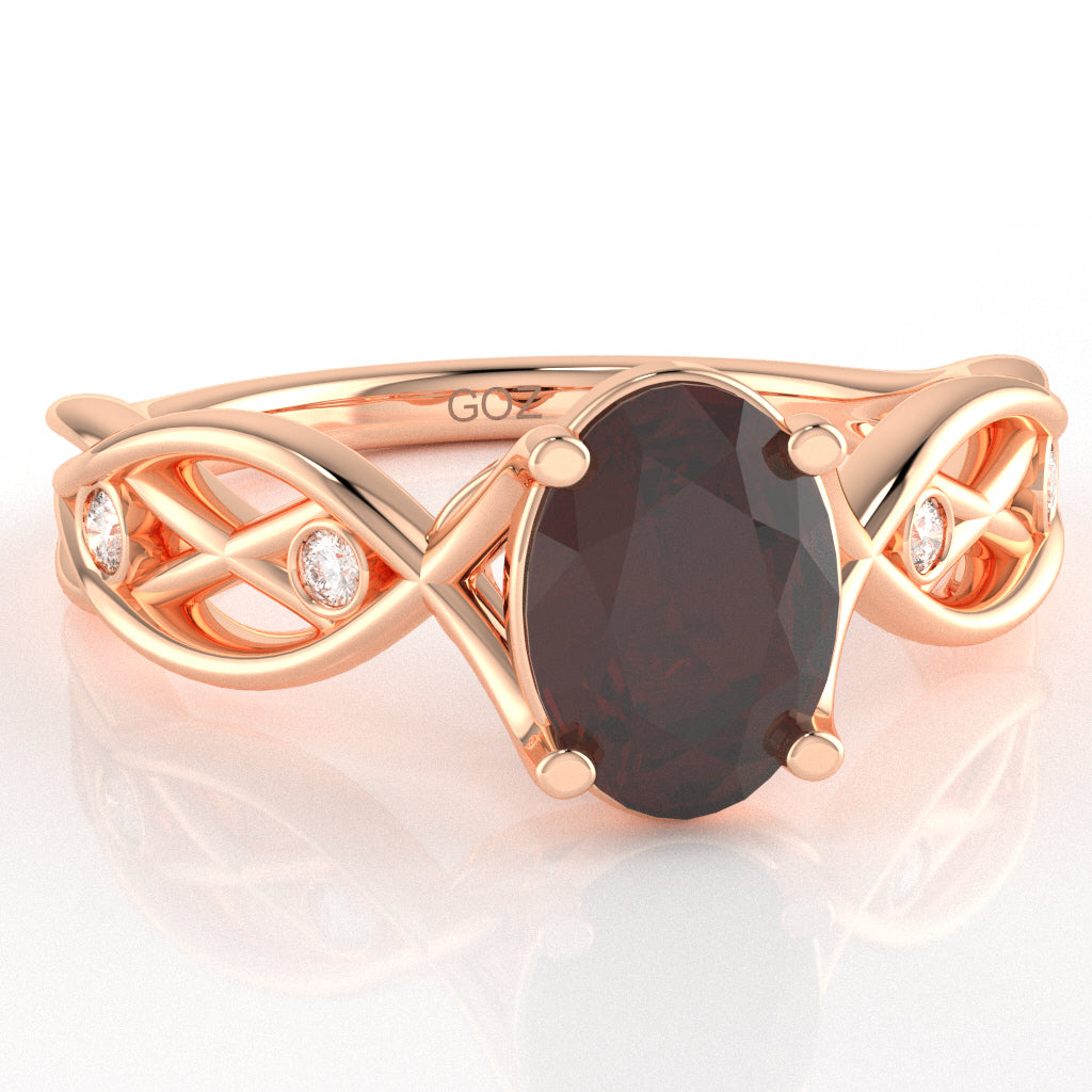 Garnet Diamond Celtic Knot Curles Ring In 14k Rose Gold