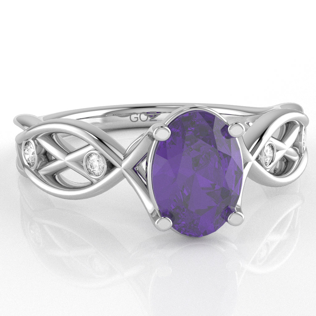 Amethyst Diamond Celtic Knot Curles Ring In 10k White Gold