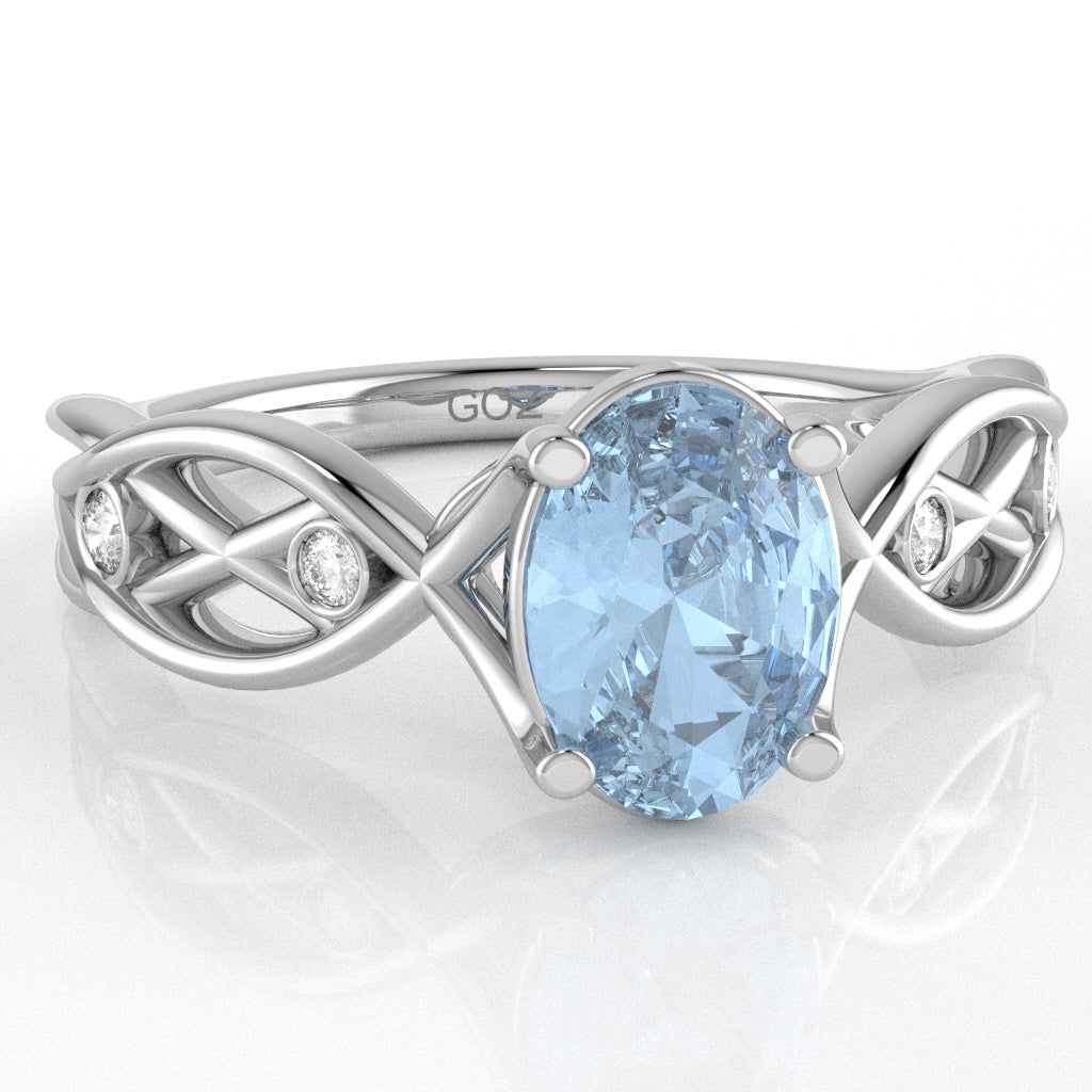 Aquamarine Diamond Celtic Knot Curles Ring In 14k White Gold