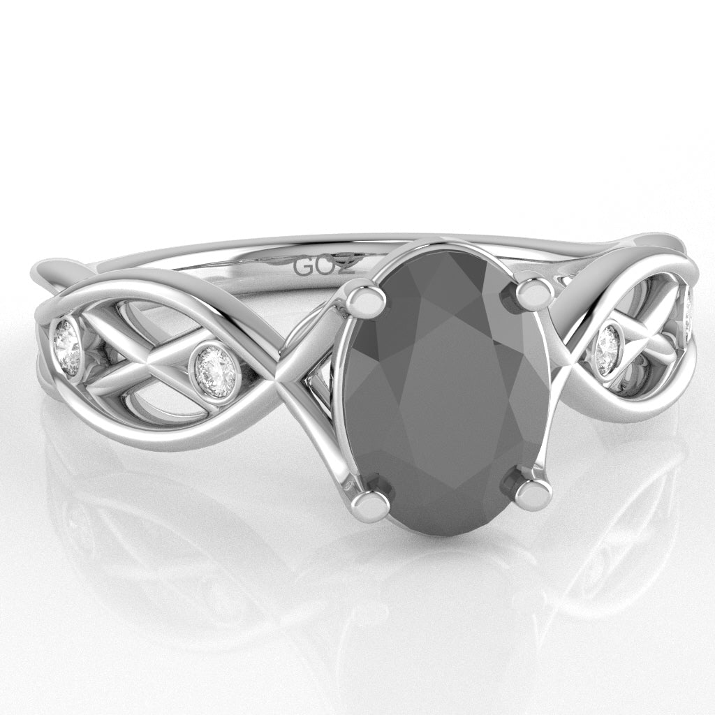 Black Onyx Diamond Celtic Knot Curles Ring In 14k White Gold