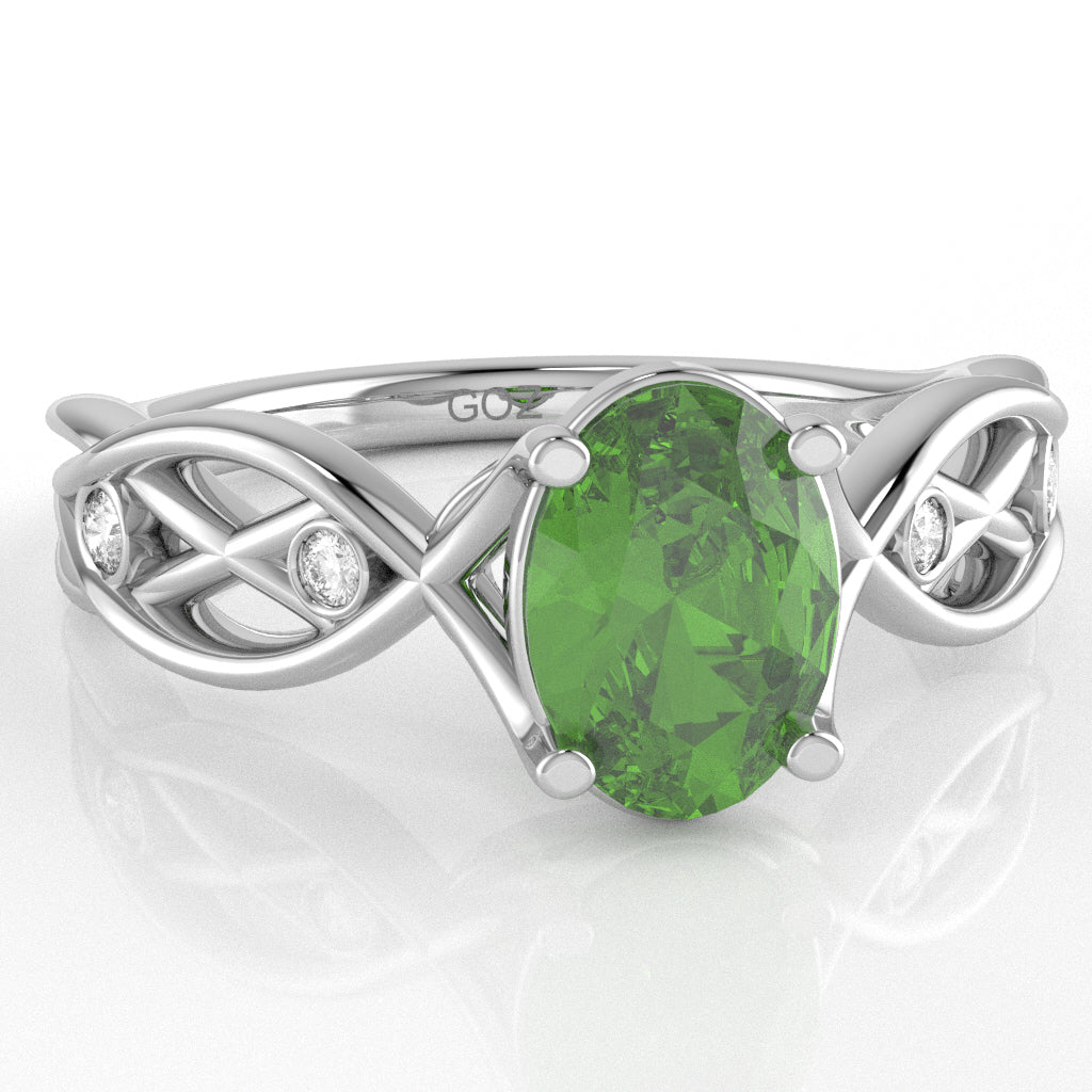 Peridot Diamond Celtic Knot Curles Ring In 14k White Gold