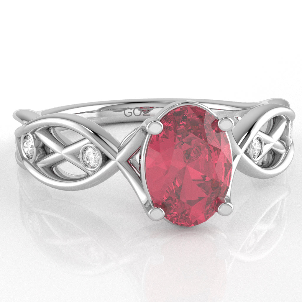 Pink Tourmaline Diamond Celtic Knot Curles Ring In 14k White Gold