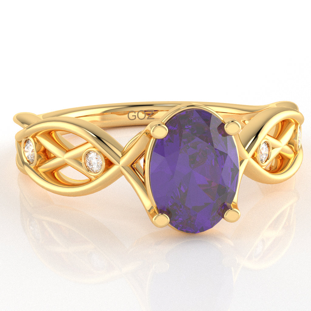 Amethyst Diamond Celtic Knot Curles Ring In 14k Yellow Gold