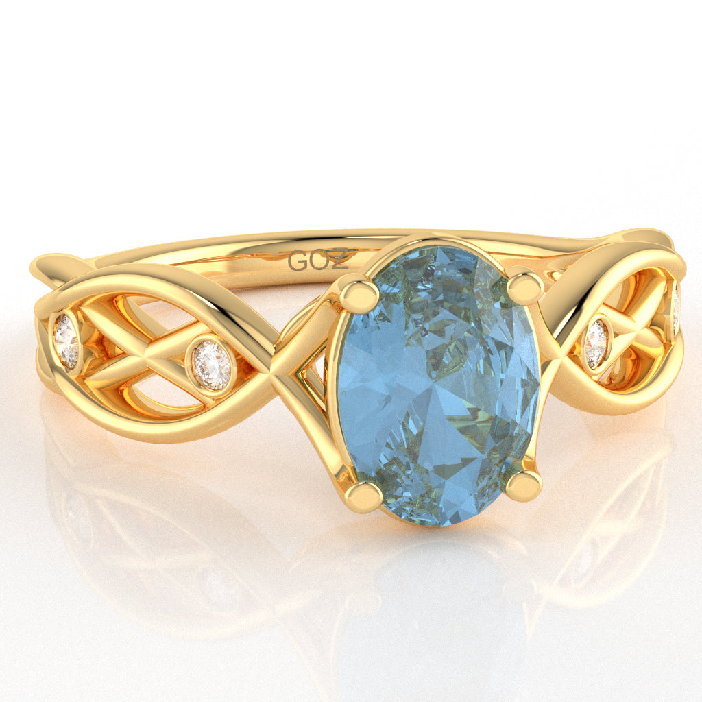 Blue Topaz Diamond Celtic Knot Curles Ring In 14k Yellow Gold