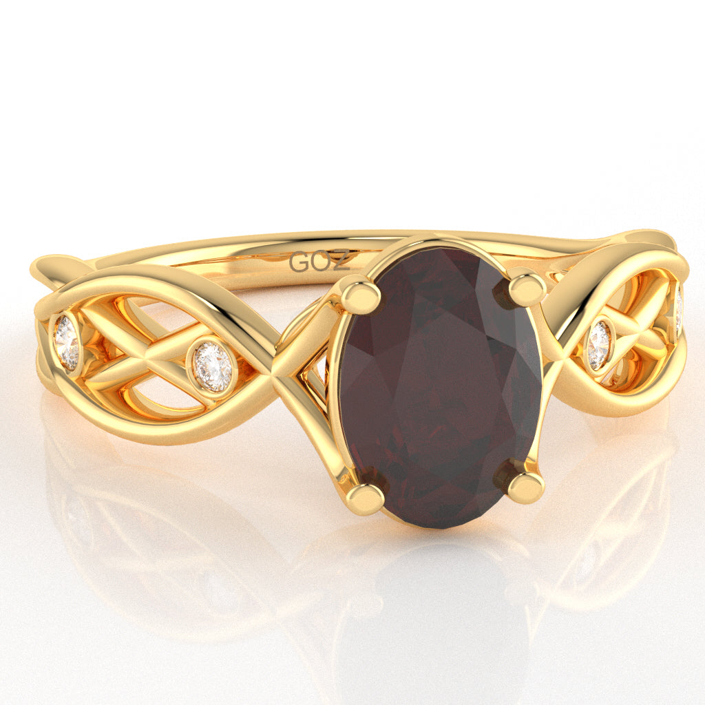 Garnet Diamond Celtic Knot Curles Ring In 14k Yellow Gold