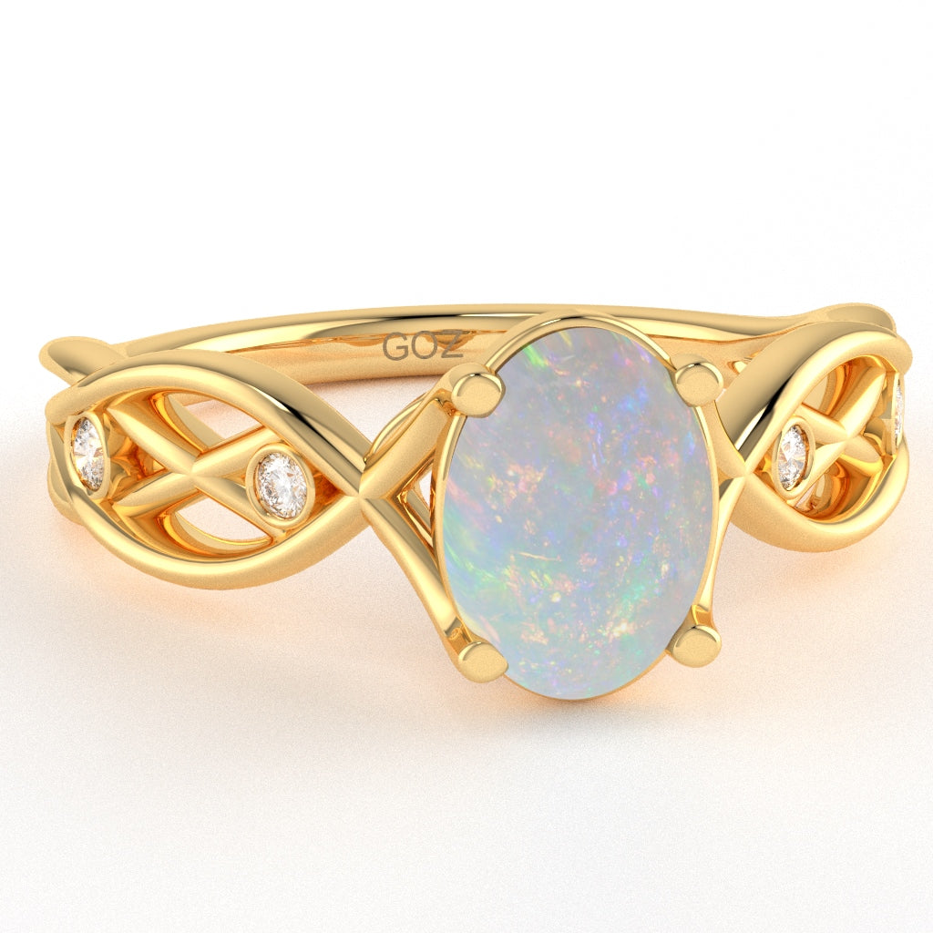 Opal Diamond Celtic Knot Curles Ring In 10k Yellow Gold
