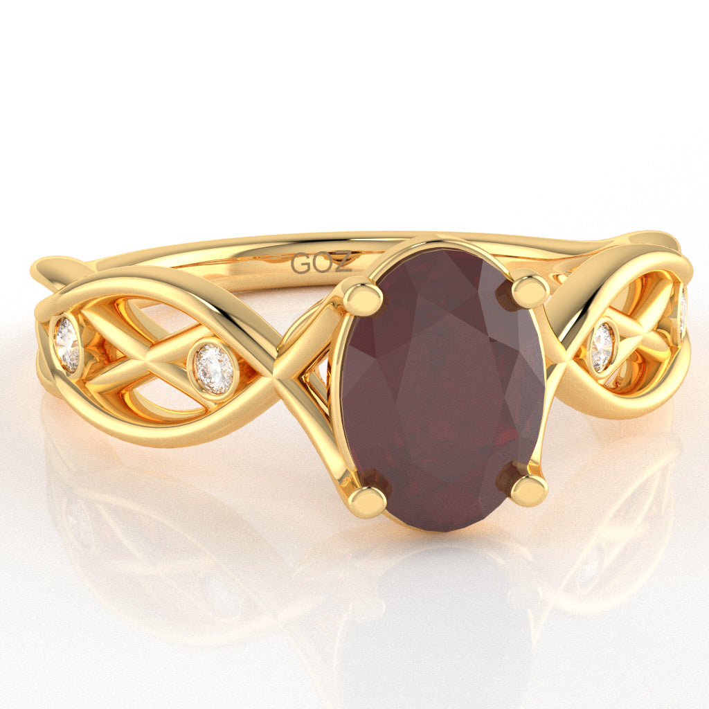 Ruby Diamond Celtic Knot Curles Ring In 14k Yellow Gold