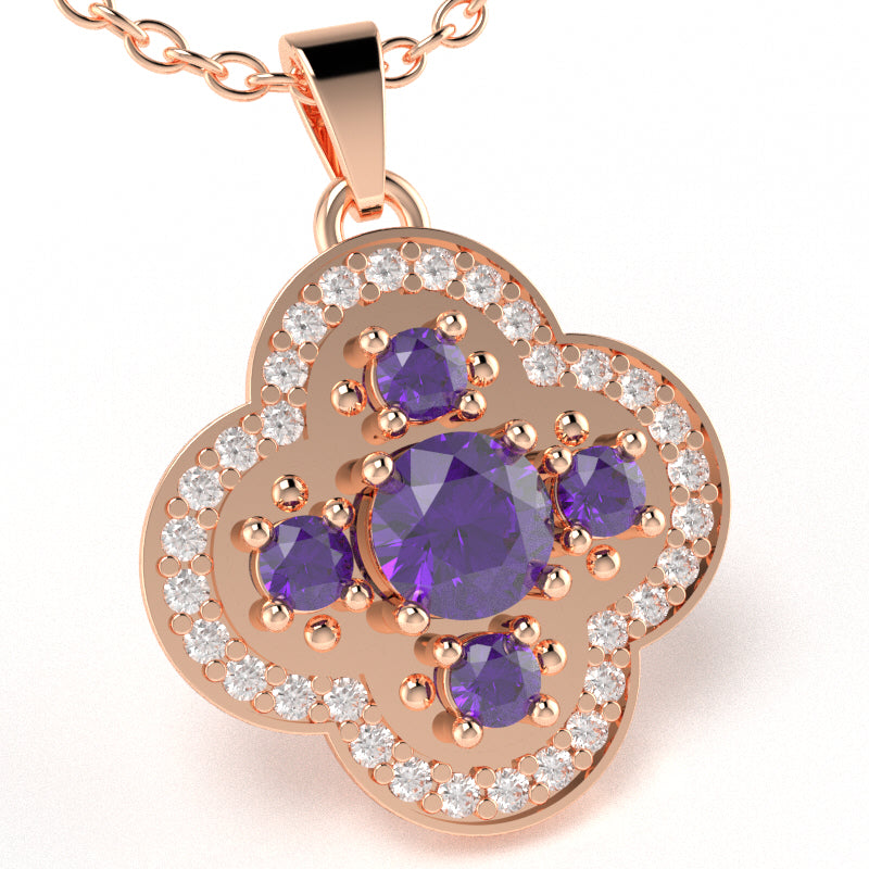 Shamrock Clover Flower Leaf Amethyst Diamond Pendant In 14k Rose Gold