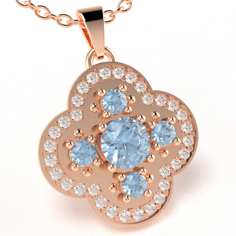 Shamrock Clover Flower Leaf Aquamarine Diamond Pendant In 14k Rose Gold