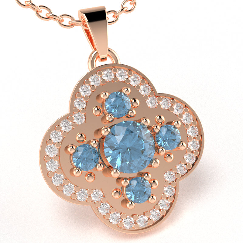 Shamrock Clover Flower Leaf Blue Topaz Diamond Pendant In 14k Rose Gold