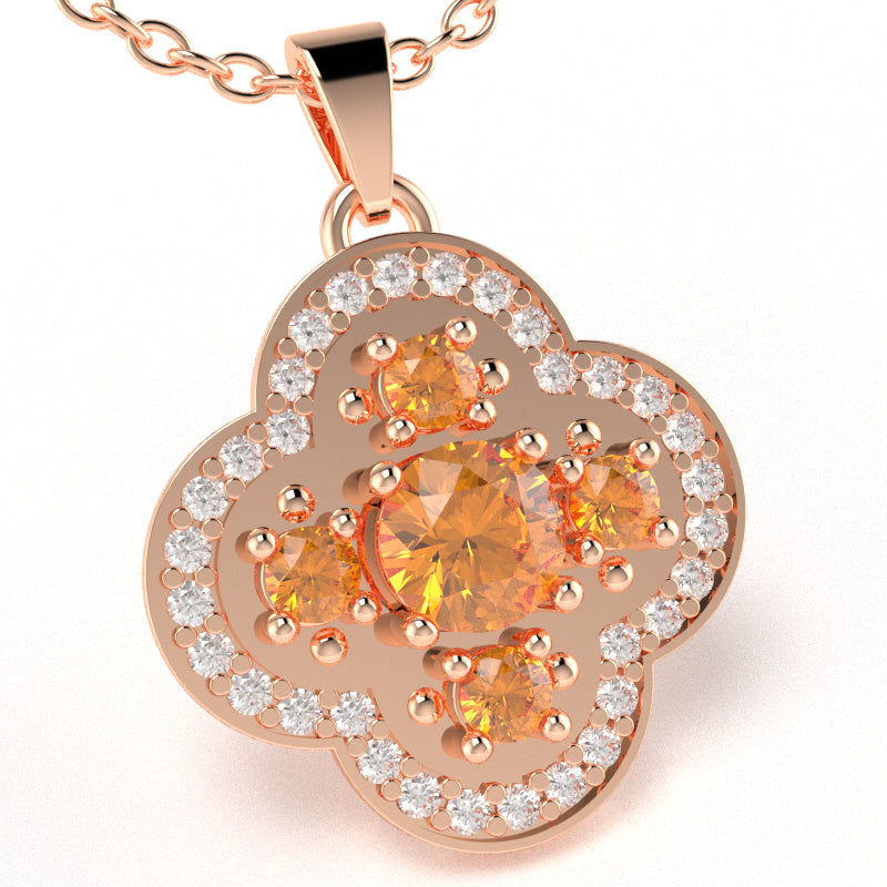 Shamrock Clover Flower Leaf Citrine Diamond Pendant In 14k Rose Gold
