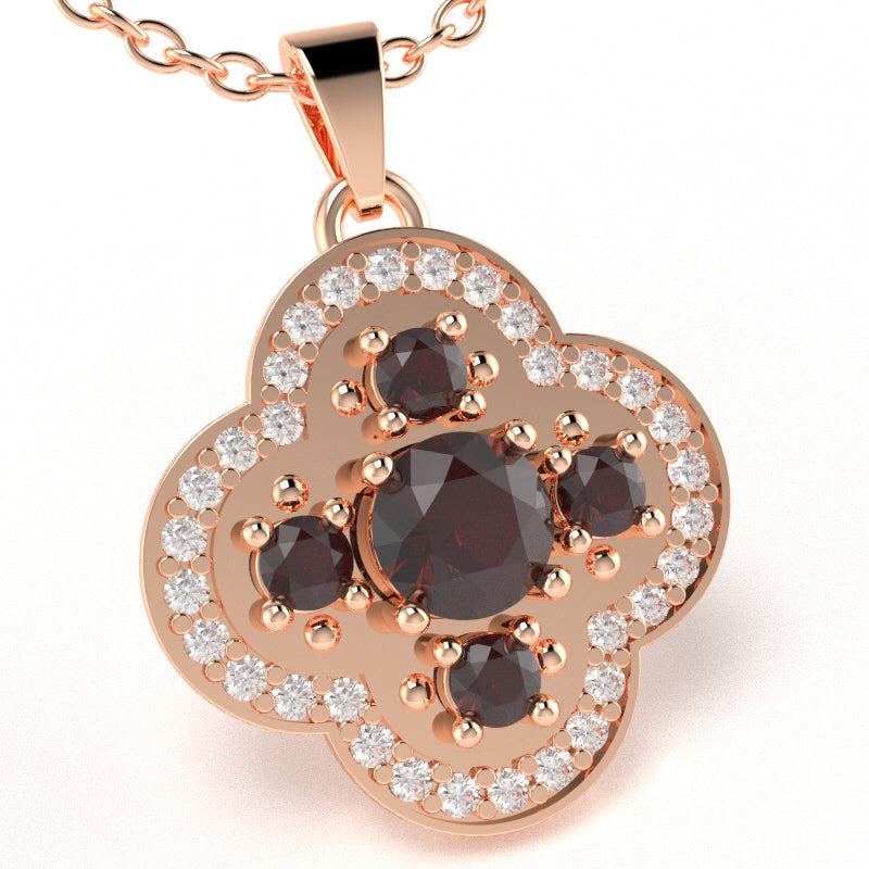 Shamrock Clover Flower Leaf Garnet Diamond Pendant In 14k Rose Gold