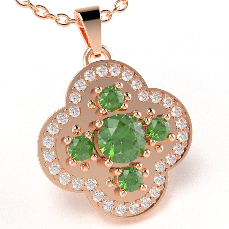 Shamrock Clover Flower Leaf Peridot Diamond Pendant In 14k Rose Gold