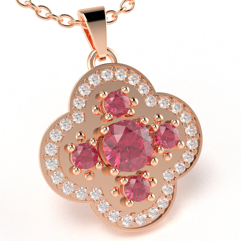Shamrock Clover Flower Leaf Pink Tourmaline Diamond Pendant In 14k Rose Gold