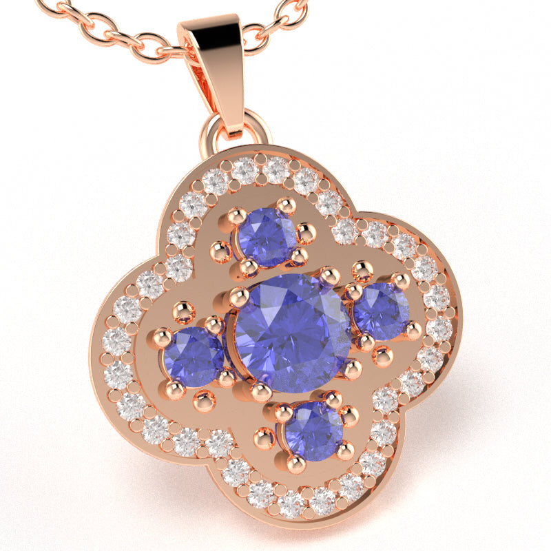 Shamrock Clover Flower Leaf Tanzanite Diamond Pendant In 14k Rose Gold