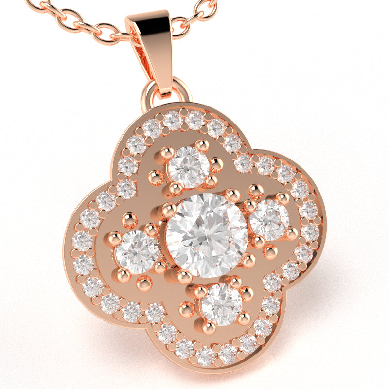 Shamrock Clover Flower Leaf White Topaz Diamond Pendant In 14k Rose Gold