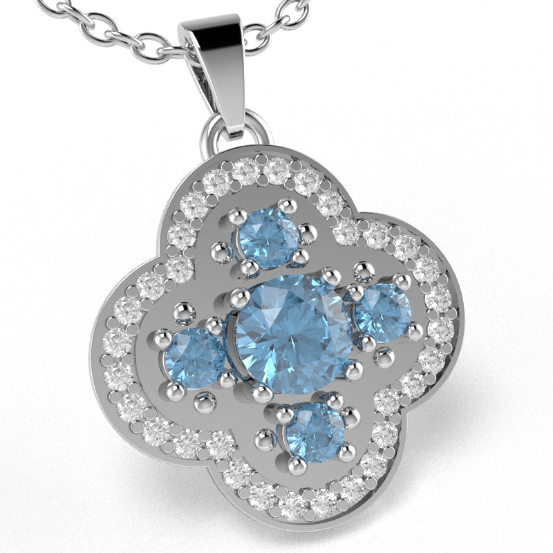 Shamrock Clover Flower Leaf Blue Topaz Diamond Pendant In 14k White Gold