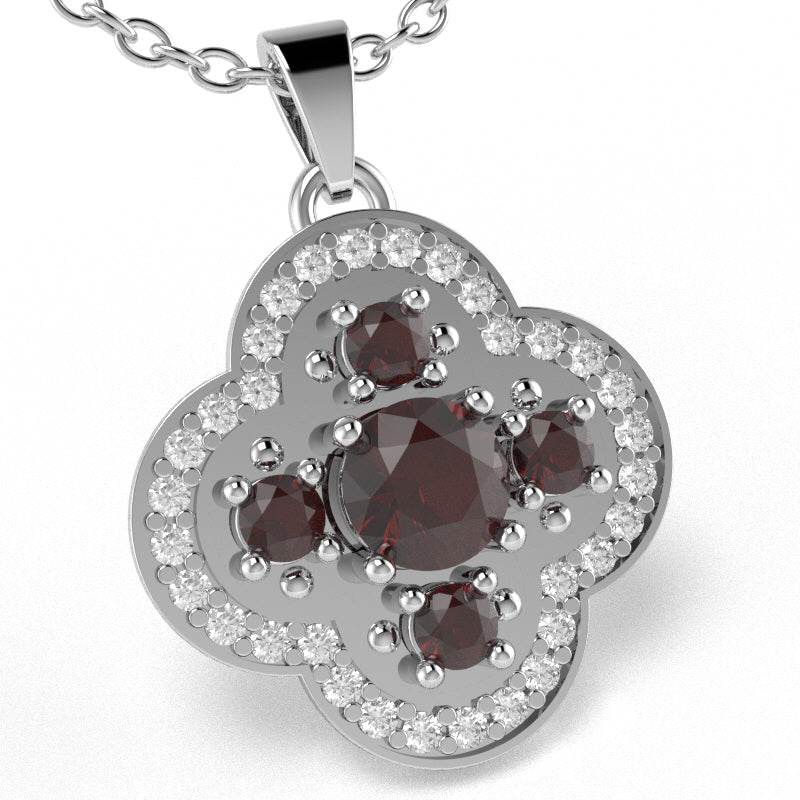 Shamrock Clover Flower Leaf Garnet Diamond Pendant In 14k White Gold