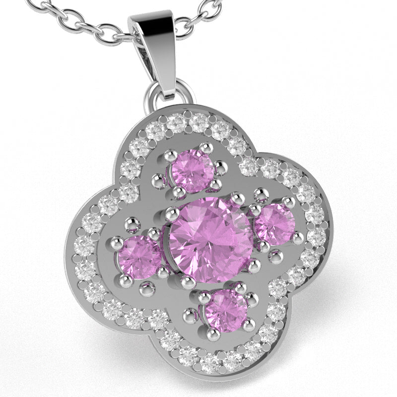 Shamrock Clover Flower Leaf Lab-Created Pink Sapphire Diamond Pendant In 14k White Gold