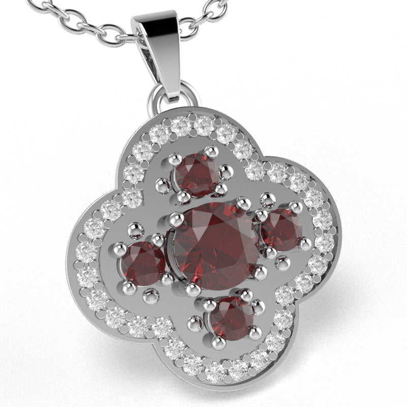 Shamrock Clover Flower Leaf Lab-Created Ruby Diamond Pendant In 14k White Gold