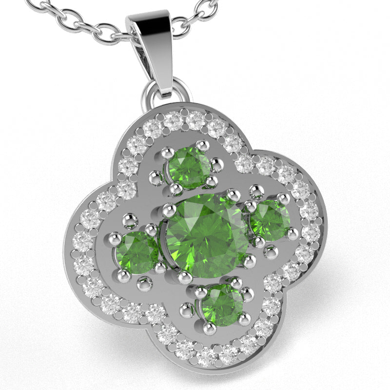 Shamrock Clover Flower Leaf Peridot Diamond Pendant In 14k White Gold