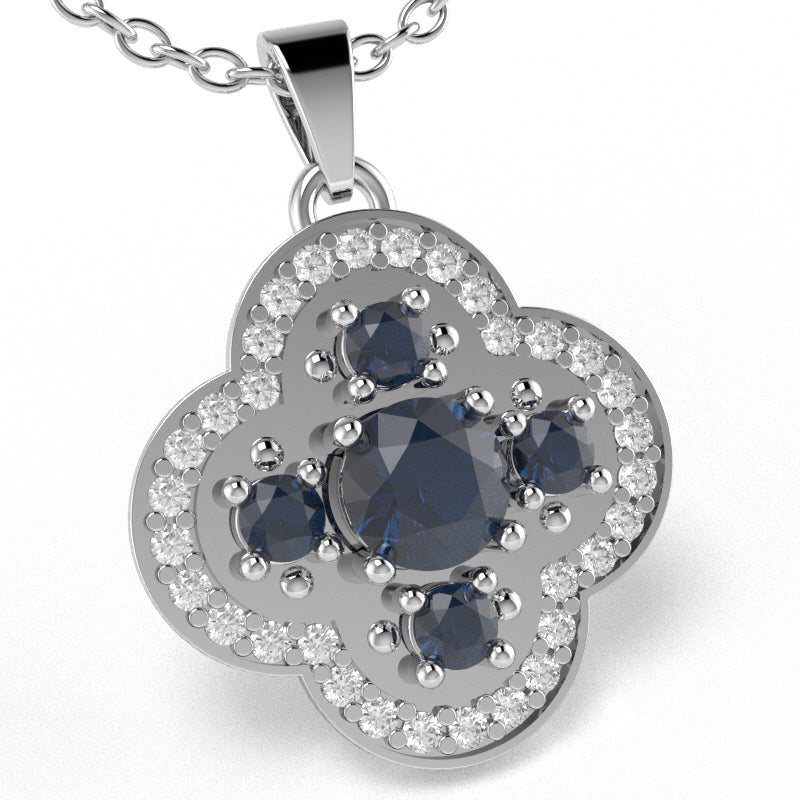 Shamrock Clover Flower Leaf Lab-Created Sapphire Diamond Pendant In 14k White Gold