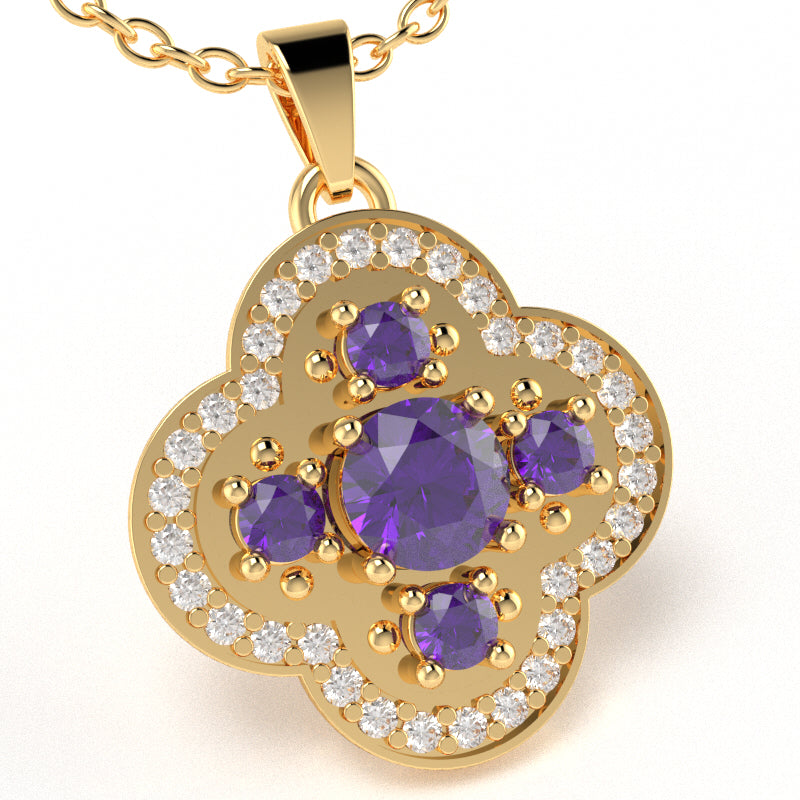 Shamrock Clover Flower Leaf Amethyst Diamond Pendant In 14k Yellow Gold