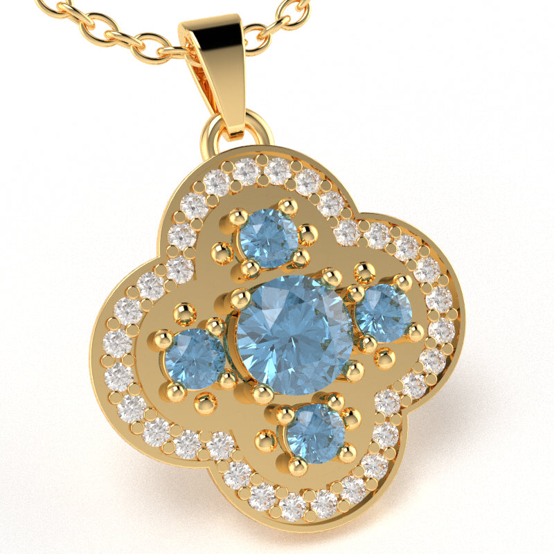 Shamrock Clover Flower Leaf Blue Topaz Diamond Pendant In 14k Yellow Gold