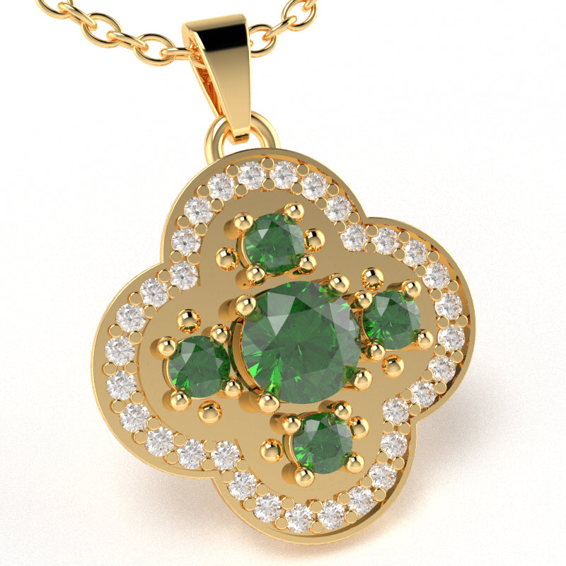 Shamrock Clover Flower Leaf Lab-Created Emerald Diamond Pendant In 14k Yellow Gold
