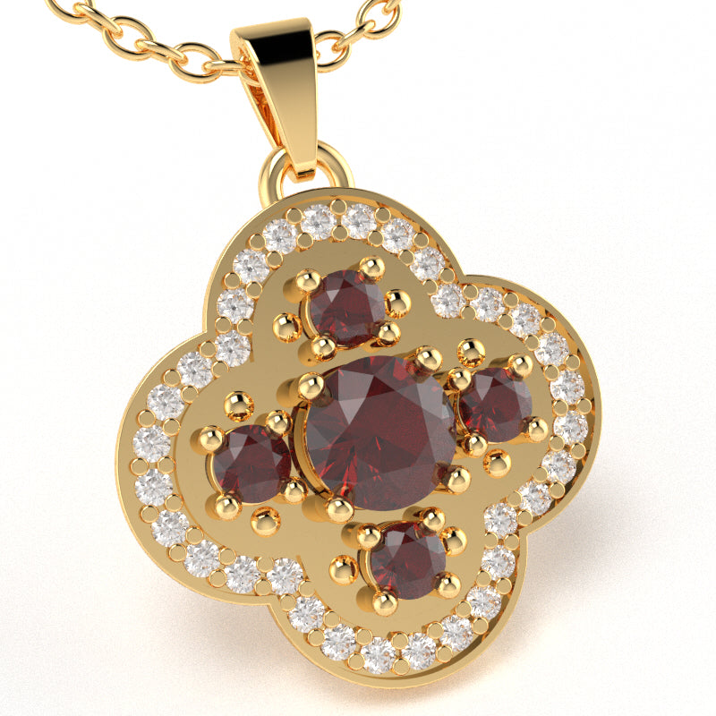 Shamrock Clover Flower Leaf Lab-Created Ruby Diamond Pendant In 14k Yellow Gold