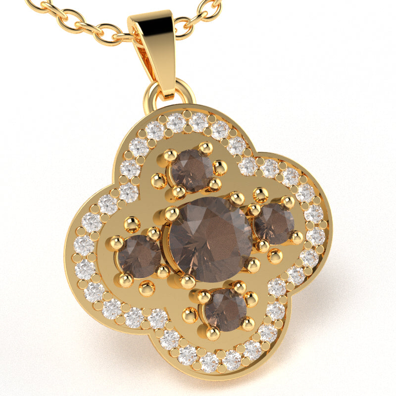 Shamrock Clover Flower Leaf Smoky Quartz Diamond Pendant In 14k Yellow Gold