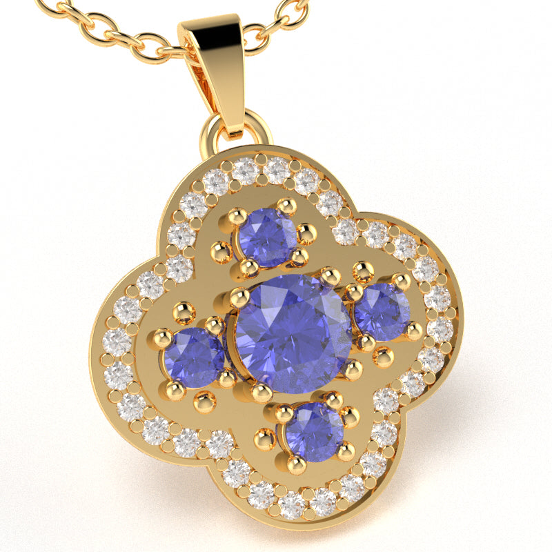 Shamrock Clover Flower Leaf Tanzanite Diamond Pendant In 14k Yellow Gold