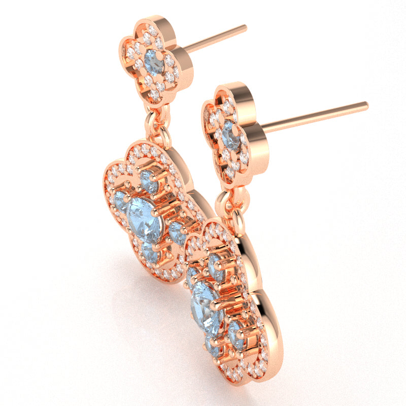 Shamrock Clover Flower Leaf Aquamarine Diamond Earrings In 14k Rose Gold