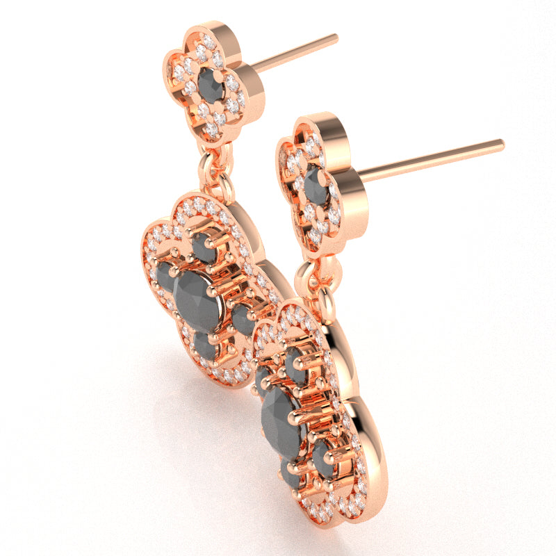 Shamrock Clover Flower Leaf Black Onyx Diamond Earrings In 14k Rose Gold