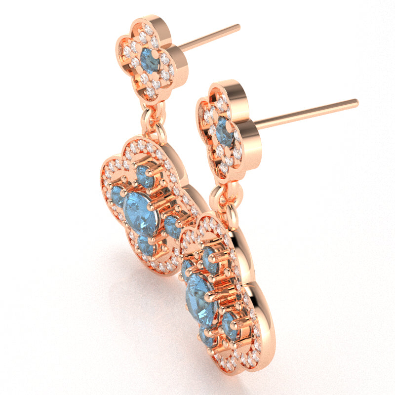 Shamrock Clover Flower Leaf Blue Topaz Diamond Earrings In 14k Rose Gold