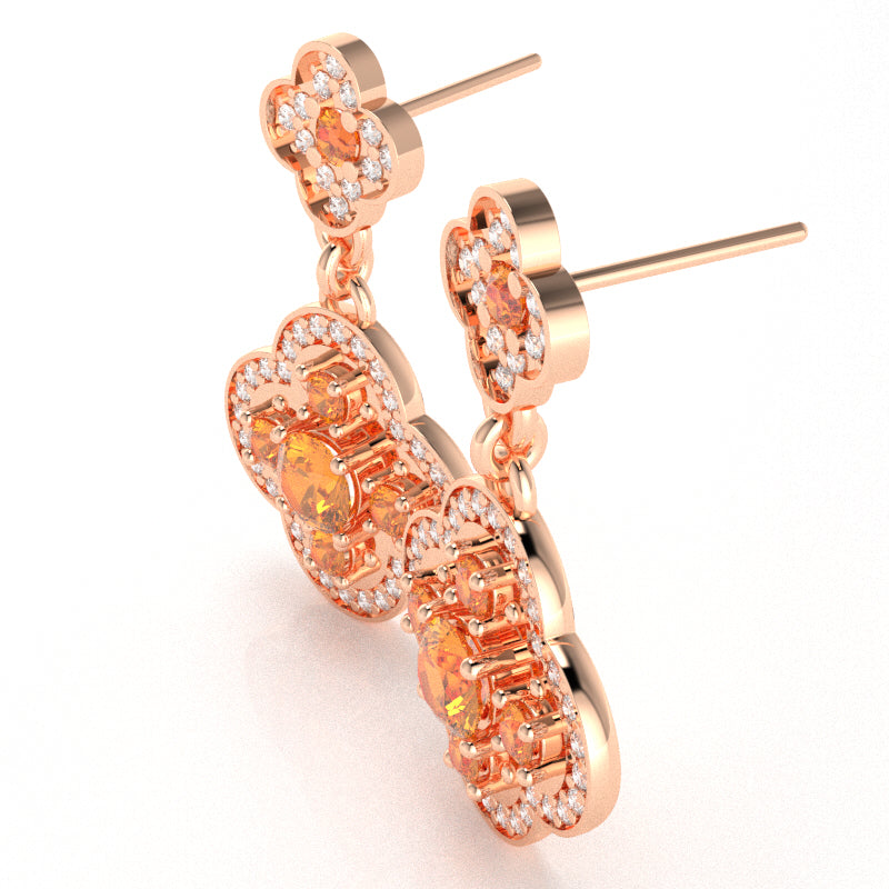 Shamrock Clover Flower Leaf Citrine Diamond Earrings In 14k Rose Gold