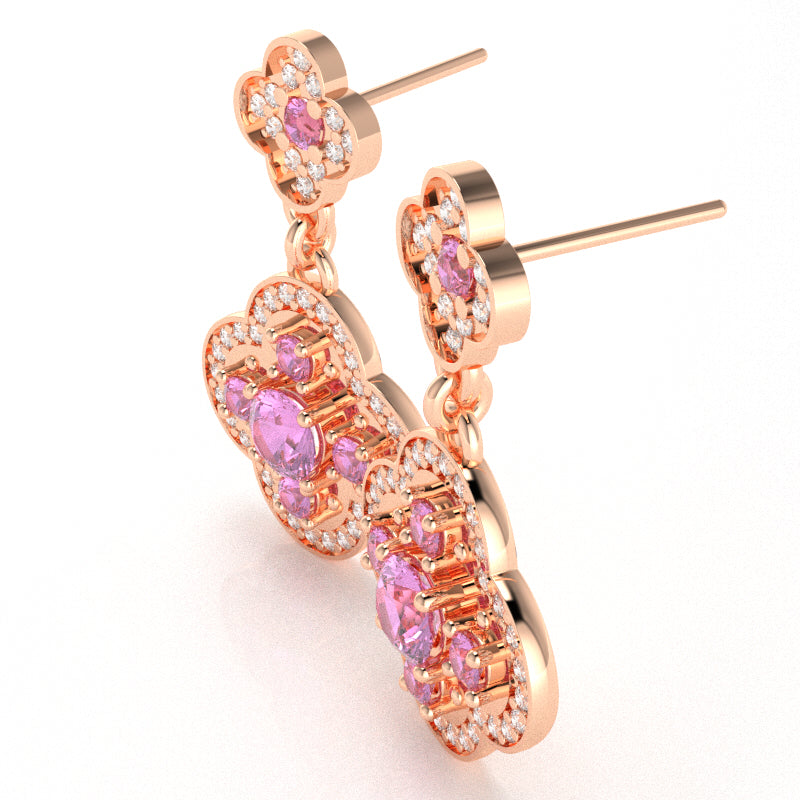 Shamrock Clover Flower Leaf Lab-Created Pink Sapphire Diamond Earrings In 14k Rose Gold
